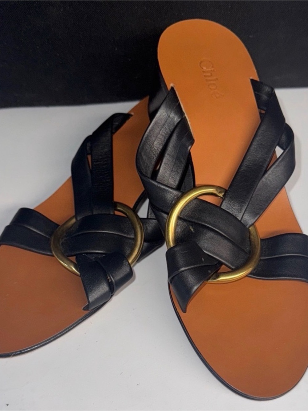 Chloe Black Leather Braided Ring Slide Sandals with Tan Footbed